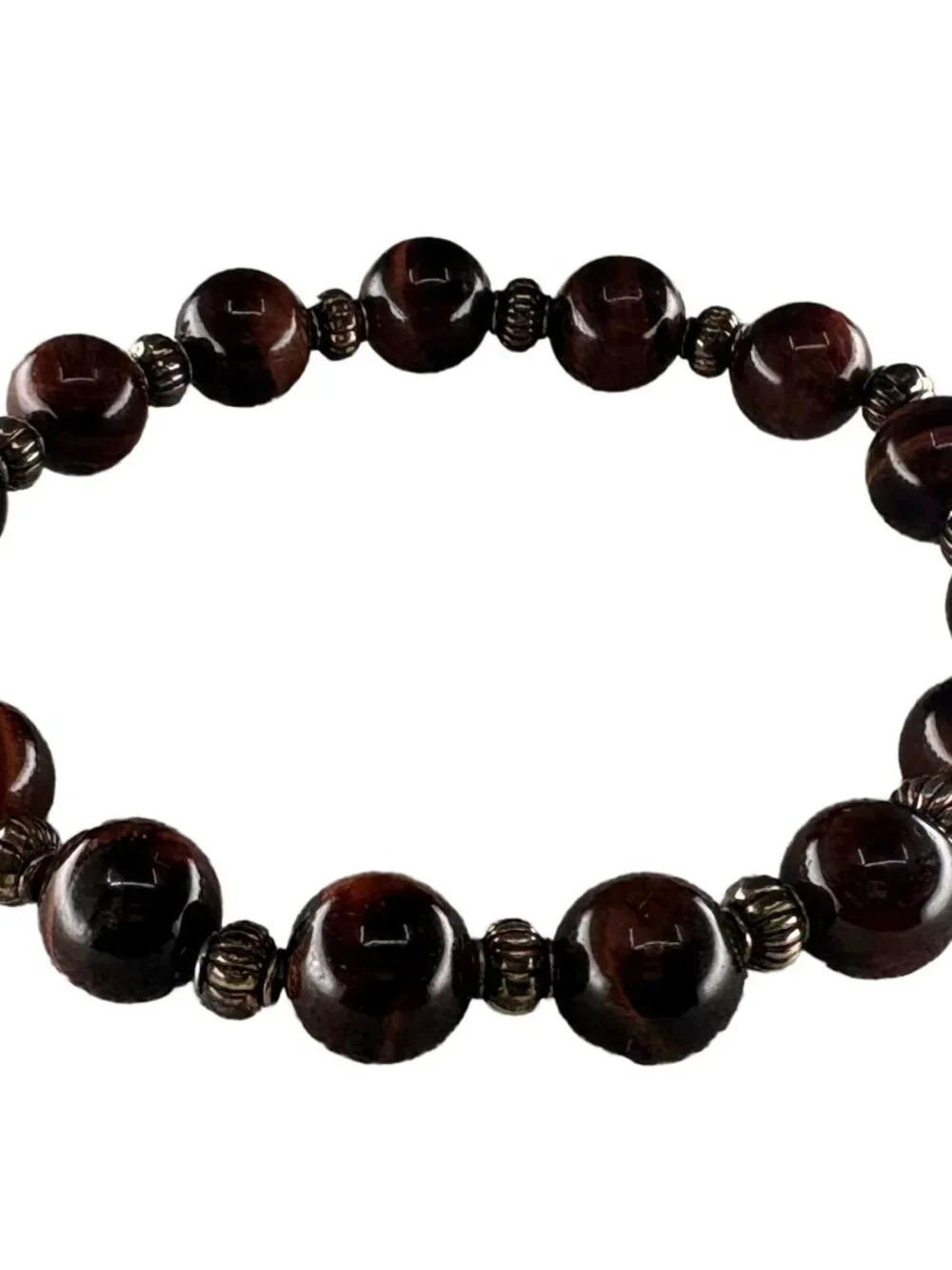 8mm Natural Red Tiger Eye Stone Stretch Beaded Bracelet Silver Alloy Charm